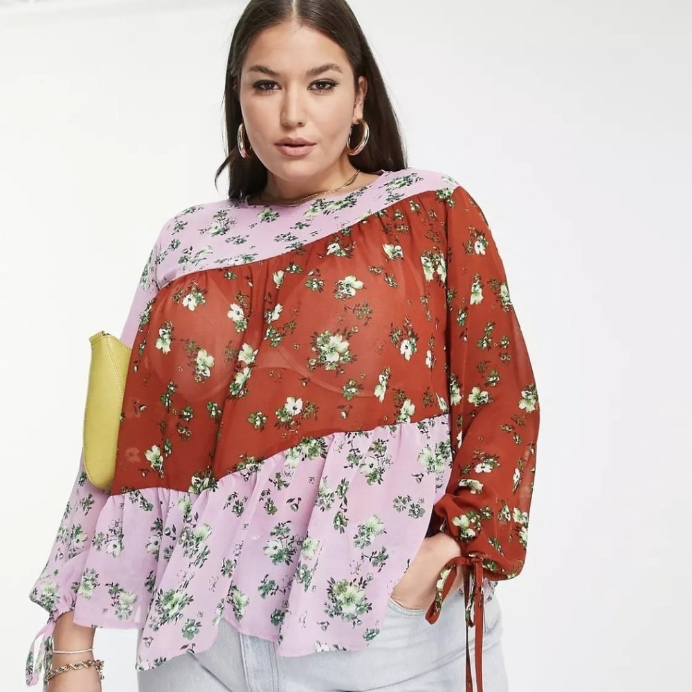 Sz 24W ASOS CURVE SHEER MIXED PRINT TOP WITH LONG SLEEVES AND TIE
